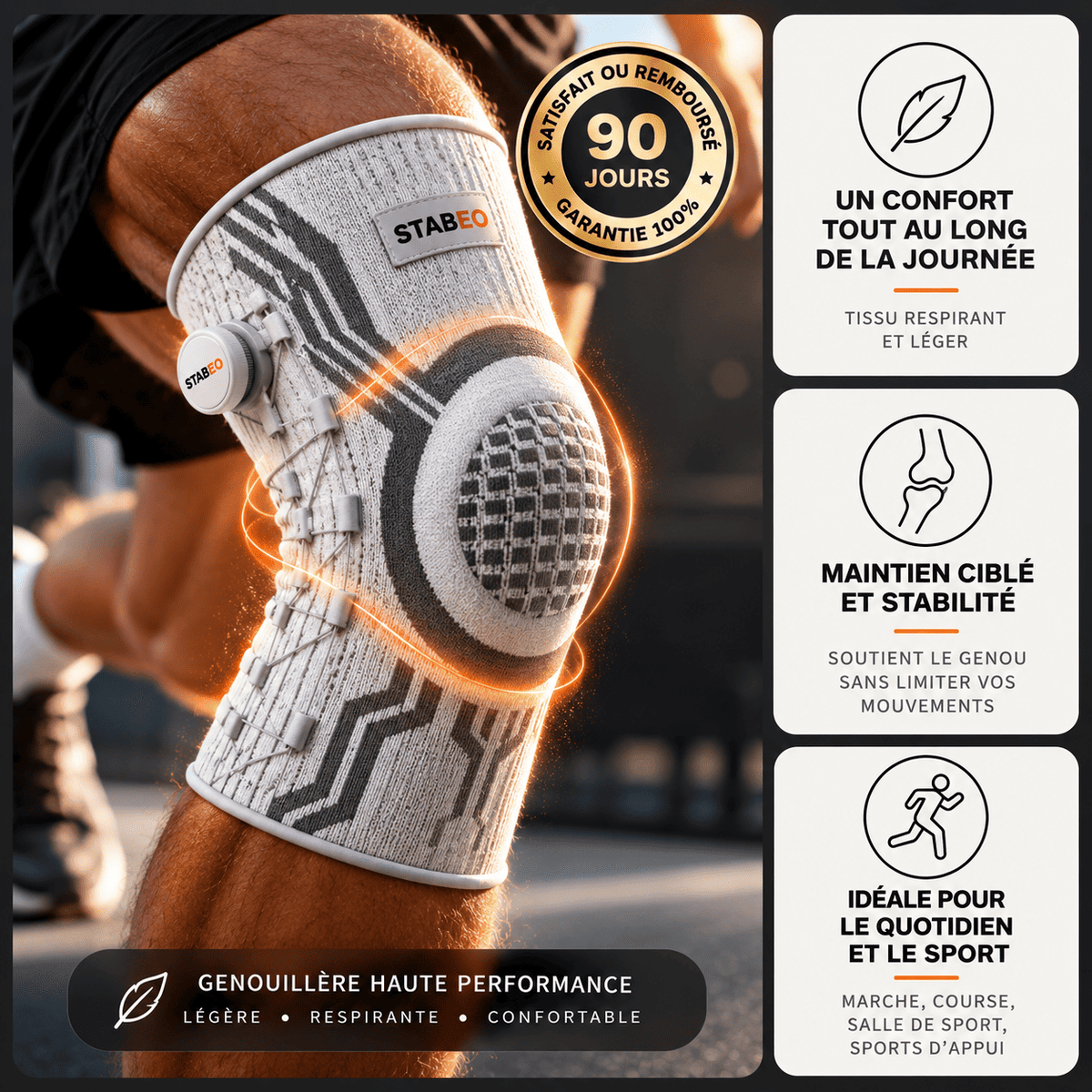 STABEO™ — Genouillère de maintien sportif ajustable